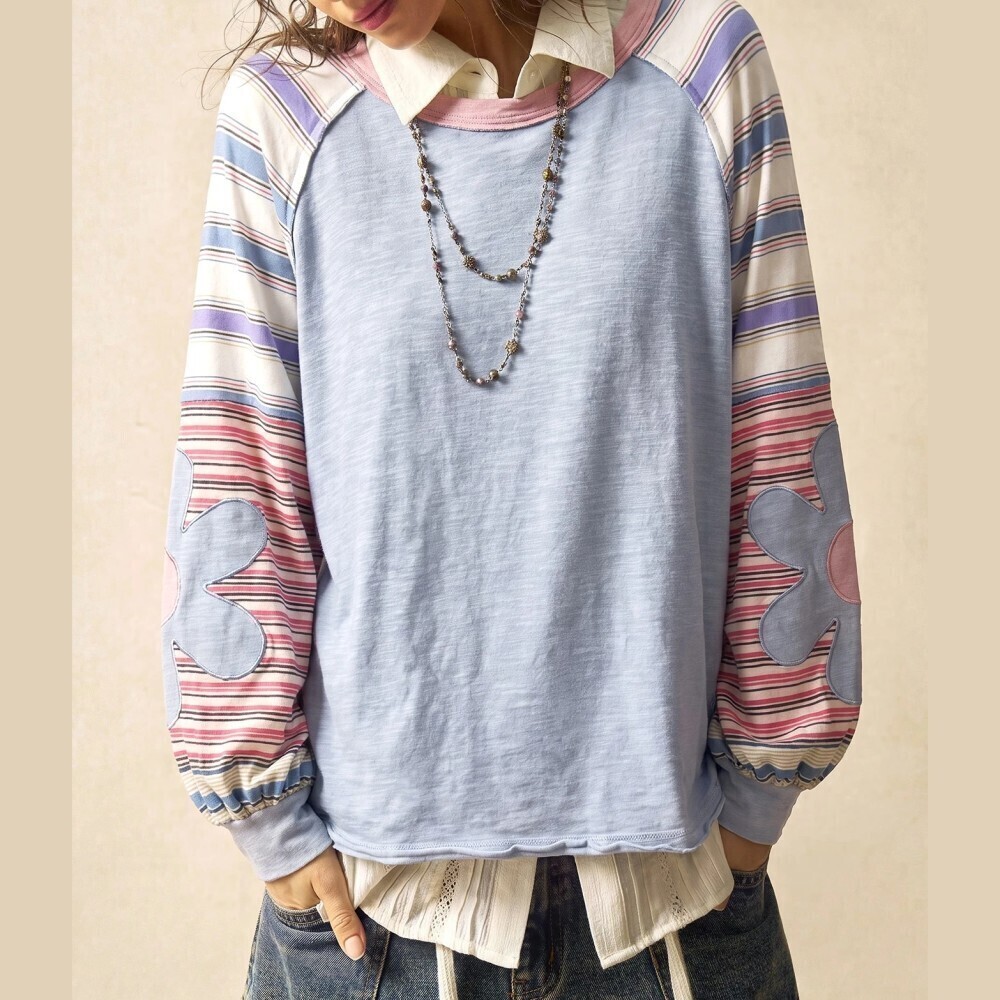 Blue Striped Sleeve Flower Applique Patchwork Raglan Sweatshirt